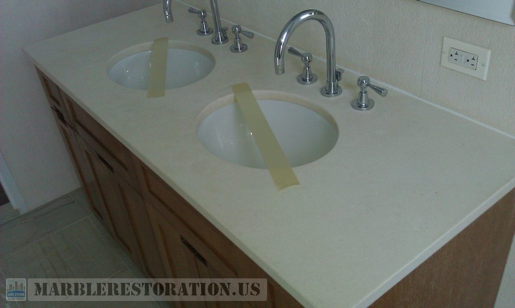 Double Sink Limestone Vanity After Recovering