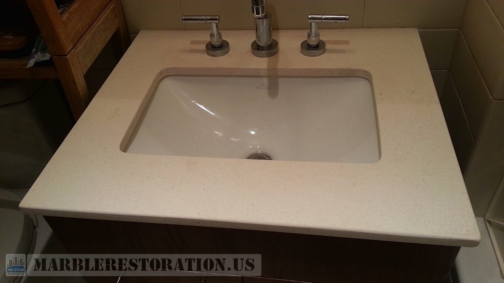 Efflorescence Removal From Beige Limestone Vanity